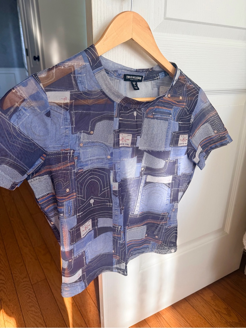 True Religion Denim Patchwork Print Tee in Blue and White